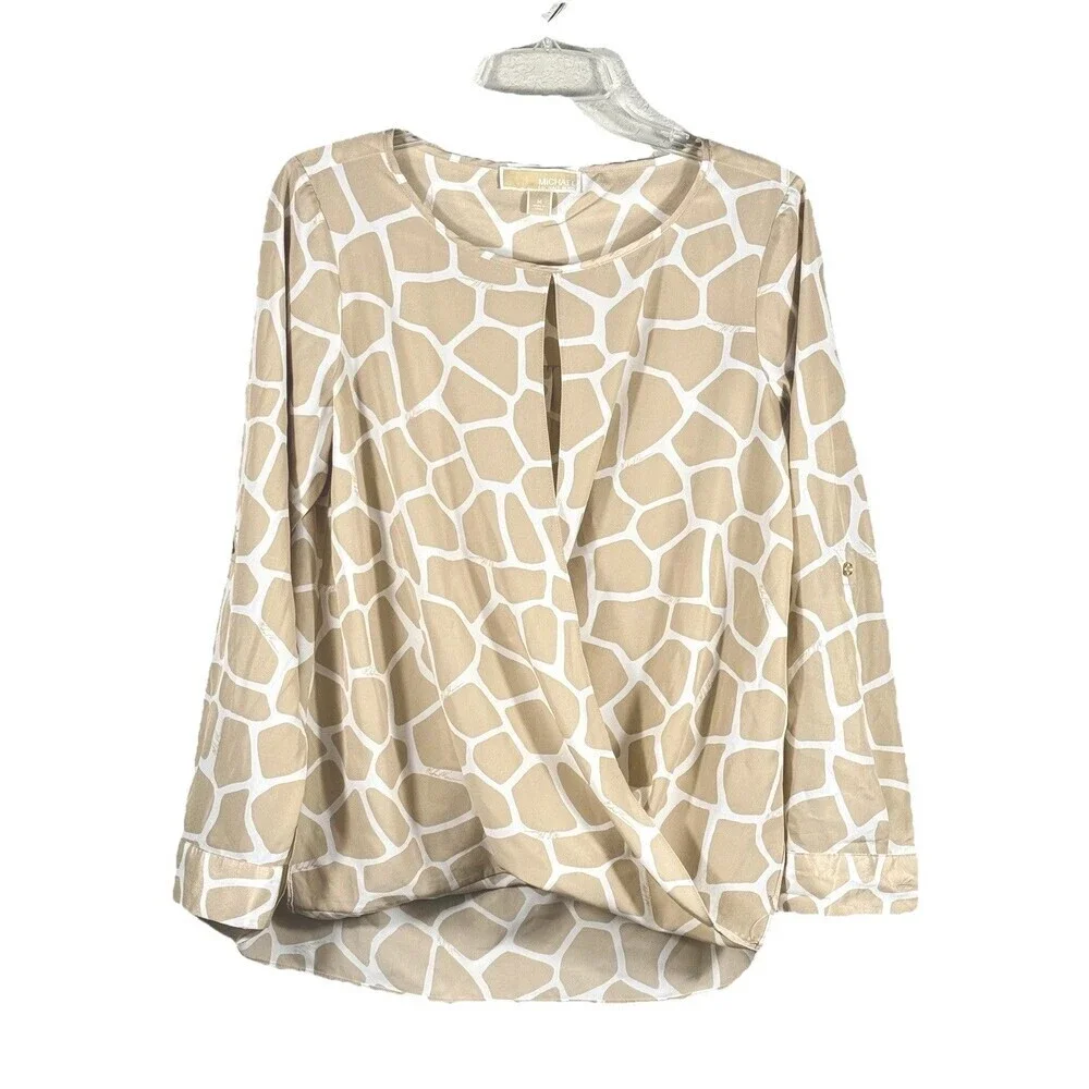 Michael Kors Giraffe Print Blouse Women M Roll Tab Sleeve Keyhole Beige